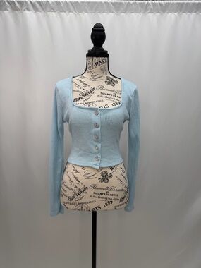 Liberty Love Light Blue Ribbed Square-Neck Button Cardigan